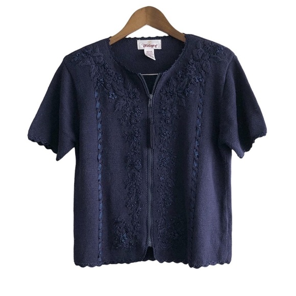 Worthington Tops - 🚨3/$20🚨 Worthington Vintage Floral Knitted Knit Zip Up Tee Shirt Crop Top Blue